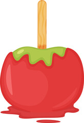 Sweet candy apple coated in red caramel dripping with green caramel on a wooden stick, a classic autumn dessert perfect for halloween celebrations or fall festivals