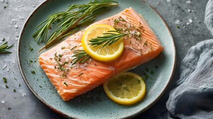 Coho salmon fillet with herbs and lemon. Concept of healthy seafood dinner.

