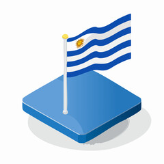 Isometric illustration of the Uruguayan flag waving proudly on a blue platform against a clean white background