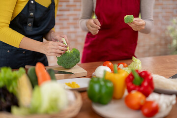 Two women are preparing a meal together, cutting up vegetables such as broccoli