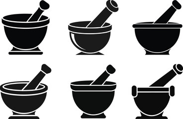 Collection of Mortar and Pestle Illustrations for Culinary and Medicinal Use Icon Set