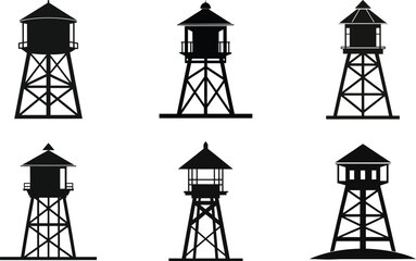 Collection of Water Tower Silhouettes on a White Background an Emblem of Rural America 
