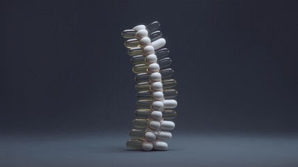 This Various tablets and capsules arranged vertically, showcasing potential uses in medical treatment.