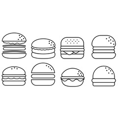Burger vector icon set. Hamburger illustration sign collection. Cheeseburger symbol. Fast food logo.