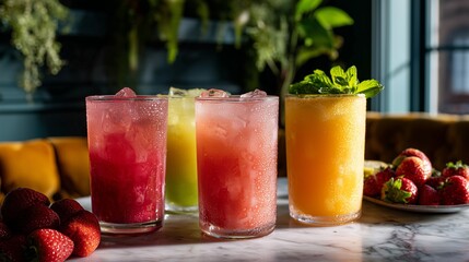 Colorful fruit juices served with strawberries on marble surface, evoking freshness and summer vibes in natural lighting.