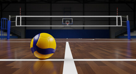 A realistic image of an indoor volleyball court with a yellow and blue ball placed at the center line. The polished wooden floor, net, and basketball hoop