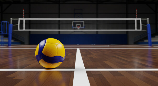 A realistic image of an indoor volleyball court with a yellow and blue ball placed at the center line. The polished wooden floor, net, and basketball hoop 