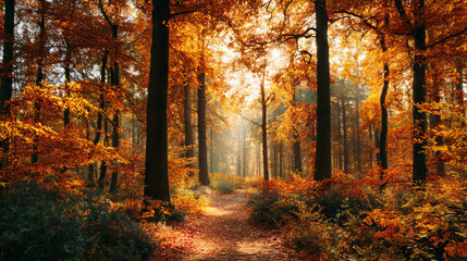Obraz premium Peaceful scenic autumn forest path with golden sunlight through orange tree