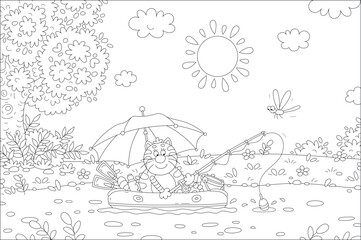 Naklejka premium Funny grey-striped cat fisherman sitting in its inflatable boat with a fishing-rod and catching small fishes in a pretty small lake in countryside on fun summer vacations, vector cartoon illustration