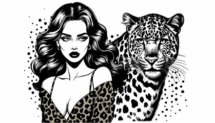 Naklejka premium Confident woman with leopard in black-white pop art vector style