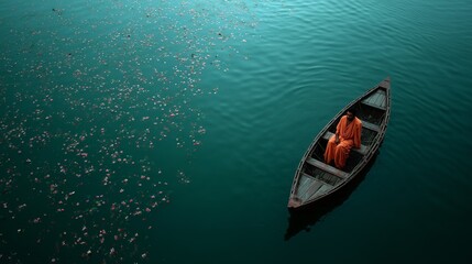 Fototapeta premium A serene scene of a monk meditating in a wooden boat amidst calm waters filled with scattered pink flowers.