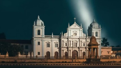 Elegant White Church Illuminated Under Dark Night Sky in Goa India