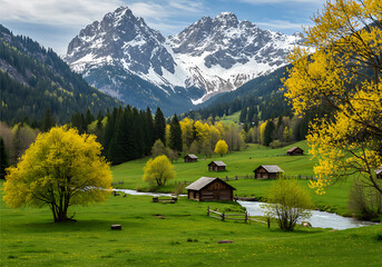 Idyllic Log Cabin Meadow with River and Dramatic Mountain Peaks