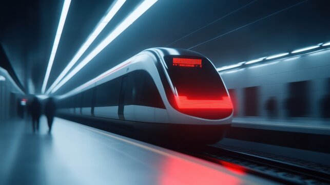 Modern high-speed train in futuristic subway station at night