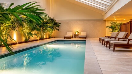Serene indoor pool area with lounge chairs and lush greenery, creating a relaxing atmosphere