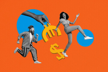 Banner full image art collage of happy business partners girl guy run euro usd currency symbol...
