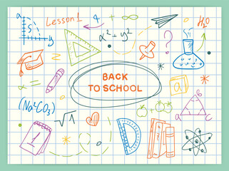 Rectangular Back to School banner with hand-drawn drawings on a lined notebook page, with space for text. Vector, announcements about the start of the school year, and a school poster