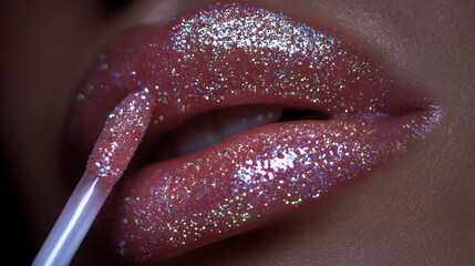 Close-up of lips being coated with sparkling lip gloss applicator, illuminating the vibrant color and radiant glitter finish for a glamourous style.