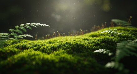 Fototapeta premium Close-up of vibrant green moss and ferns in a forest