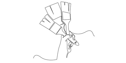 Continuous line drawing of a hand holding multiple paint brushes. Minimalist illustration representing creativity, painting tools, home renovation, and artistic expression