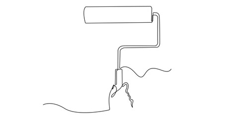 Continuous line drawing of a hand holding a paint roller. Minimalist illustration representing home renovation, wall painting, DIY projects, and interior design tools.