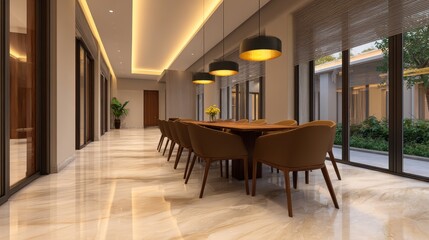 Modern dining area featuring a long table with stylish chairs, illuminated by pendant lights, surrounded by large windows showcasing greenery outside