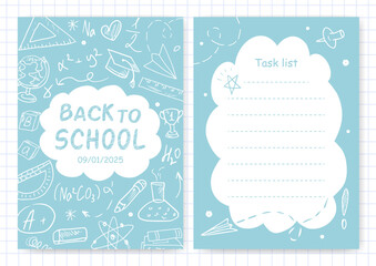 A set of planners with school illustrations in doodle style and space for text. Back to school. A template for notes, schedules, to-do lists, and a cover for a diary or notebook. Office supplies.