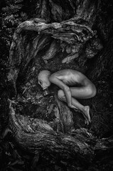 Woman in fetal position among tree roots  symbolizing connection with nature and rebirth.