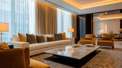 Fototapeta premium Elegant modern living room with plush furniture and soft lighting, showcasing a cozy atmosphere
