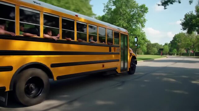 Yellow school bus driving down a street with children