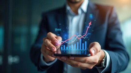 Businessman analyzing financial growth on futuristic smartphone interface with graphs