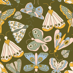 Bright and airy pattern featuring a graceful mix of butterflies and moths fluttering across a clean green background. The design showcases a charming array of delicately illustrated insects.