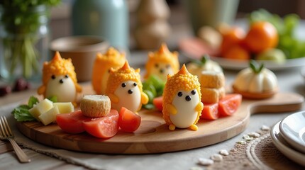 Creative culinary presentation: animal shaped snacks on wooden board with fresh vegetables