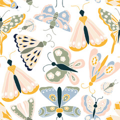 Bright and airy pattern featuring a graceful mix of butterflies and moths fluttering across a clean white background. The design showcases a charming array of delicately illustrated insects.