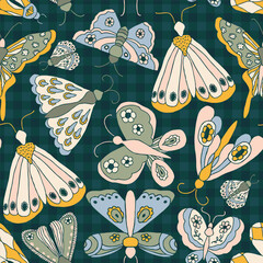 Bright and airy pattern featuring a graceful mix of butterflies and moths fluttering across a tile dark background. The design showcases a charming array of delicately illustrated insects