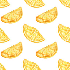 Pieces of ripe lemon painted in watercolor as a seamless pattern. A refreshing summer pattern with lemon fruits. A culinary print for packaging, kitchen textiles, and clothing.