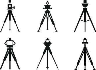 Camera Tripod Collection Silhouettes in Black and White a Set of Different Styles and Designs for Photography and Videography