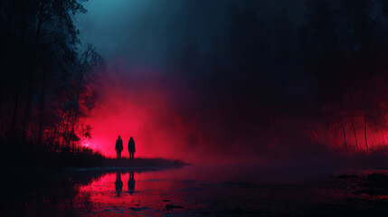 Mysterious couple in terrifying dark forest at night with glowing red mist