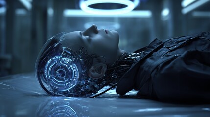 A humanoid cyborg lies peacefully, showcasing intricate cybernetic enhancements, bathed in ambient blue light within a futuristic setting.