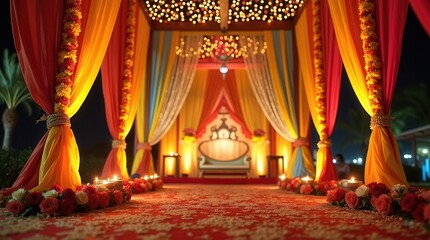 Vibrant indian wedding stage with colorful drapes and glowing lights at night