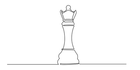 Continuous line drawing of a queen chess piece. Minimalist illustration symbolizing leadership, power, intelligence, and strategic thinking in the game of chess.