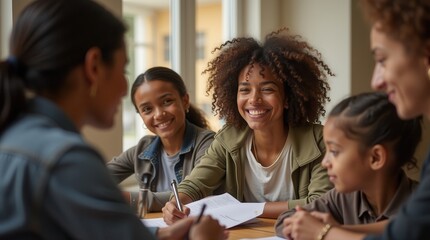Diverse family engaging in happy discussion around table with laughter and smiles