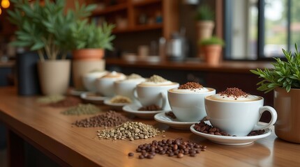 Variety of coffee beans and cappuccinos in a cozy cafe setting with natural decor
