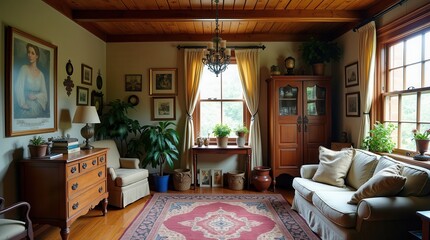 Cozy vintage living room with antique furniture and indoor plants