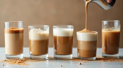 Variety of fresh lattes being poured into glasses on a marble counter