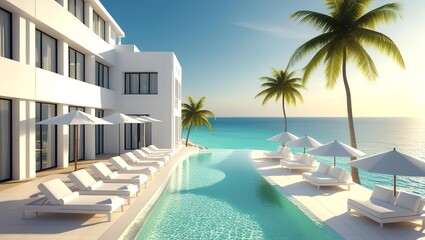 Fototapeta premium Sunny, tranquil modern luxury home showcase patio with hanging seats and infinity pool with ocean view