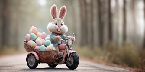 Adorable Easter bunny riding a motorcycle with a basket of pastel-colored Easter eggs in the sidecar, forest scenery behind