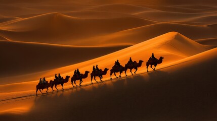 A caravan of camels with riders travels across glowing sand dunes at sunset in a vast desert landscape