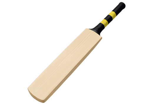 Isolated Wooden Cricket Bat with Black and Yellow Grip on Transparent Background for Sports and Equipment Design