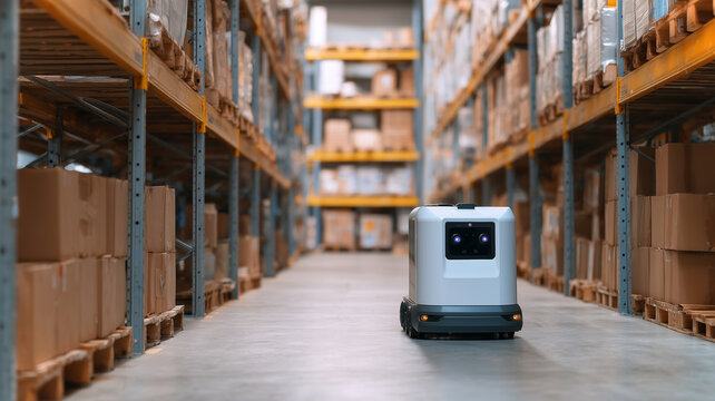 This Robot is moving through warehouse shelving, delivering packages efficiently and autonomously.